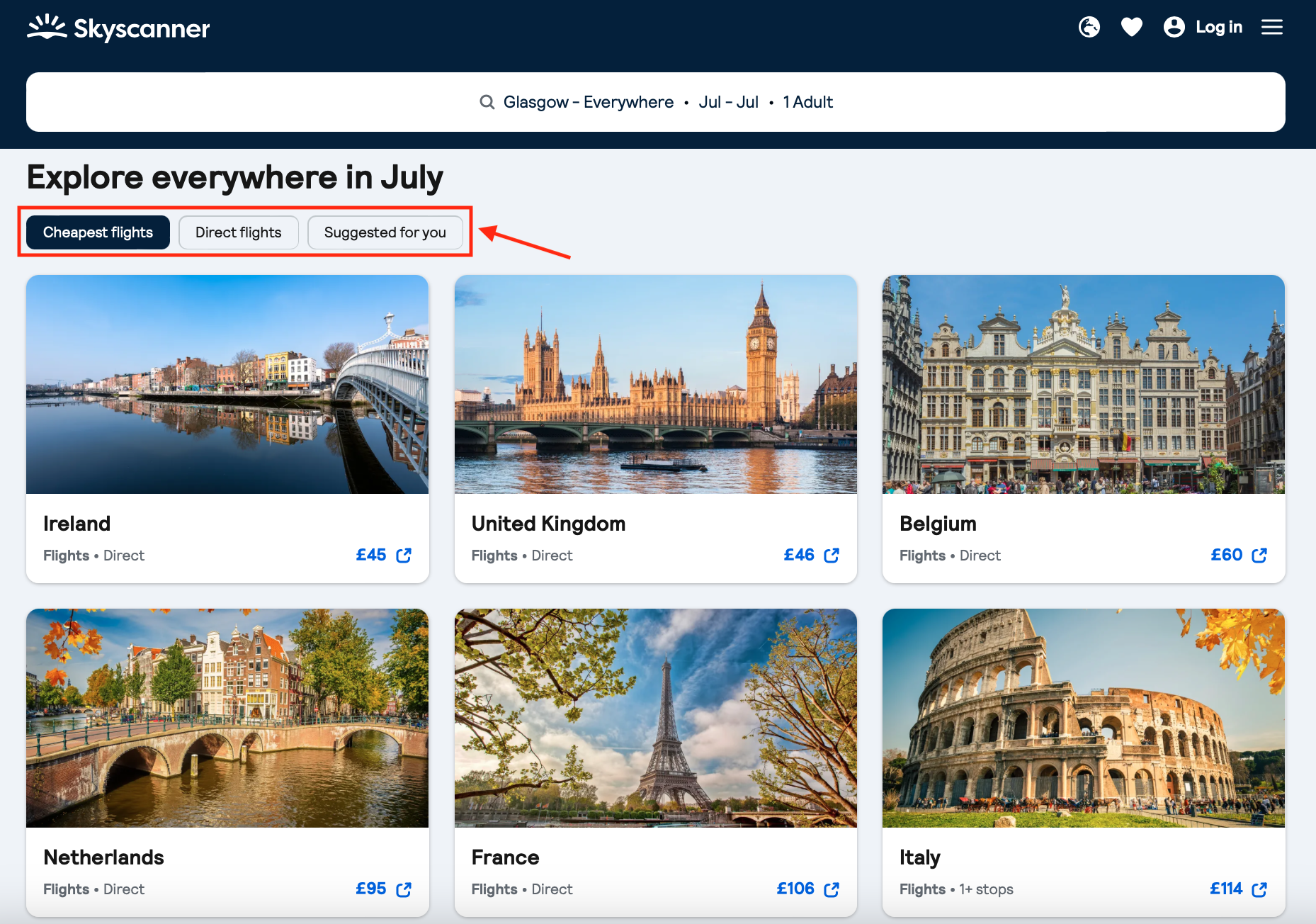 Skyscanner Explore Everywhere Feature - List Of Possible Countries To Travel Too