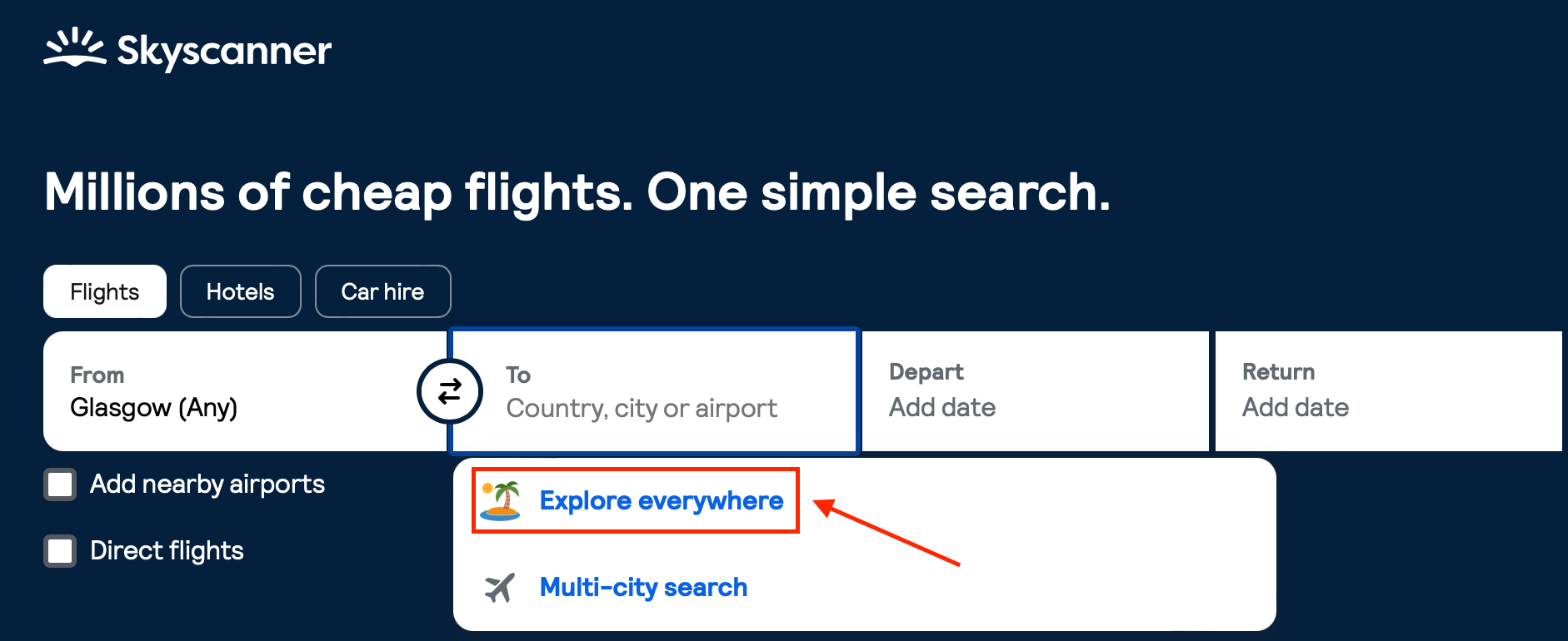 Skyscanner Explore Everywhere Feature - How To Select Feature