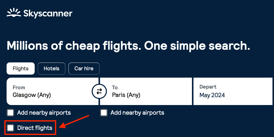 Skyscanner Include Stop-Overs - Uncheck The Direct Flights Box
