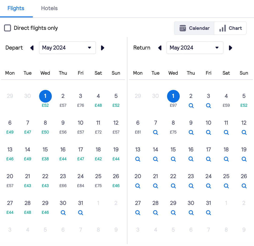Skyscanner Whole Month View - Prices For May 2024 From Glasgow To Paris